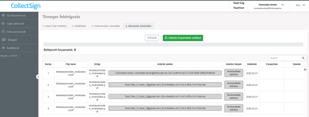 Az aláírási folyamat indítására kattintva a CollectSign rendszer elküldi az összes Excelben megadott munkavállaló e-mail-címére az adatokkal feltöltött dokumentumot